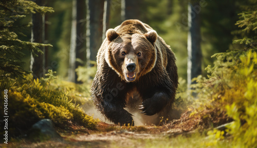 Portrait of an angry brown bear in a forest photo