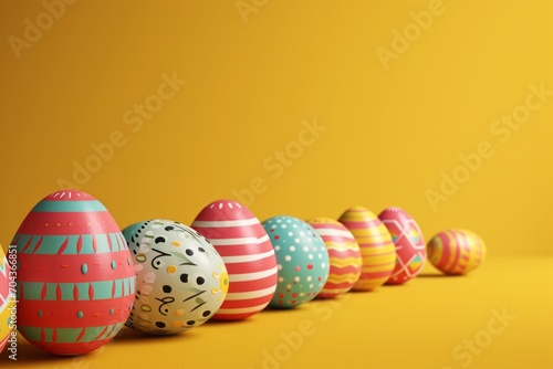 Easter eggs on a yellow background.  Easter and spring celebration concept. Postcard on a spring theme.  Еmpty space for text.
