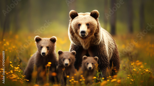 Mama bear with her cubs in a forest photo