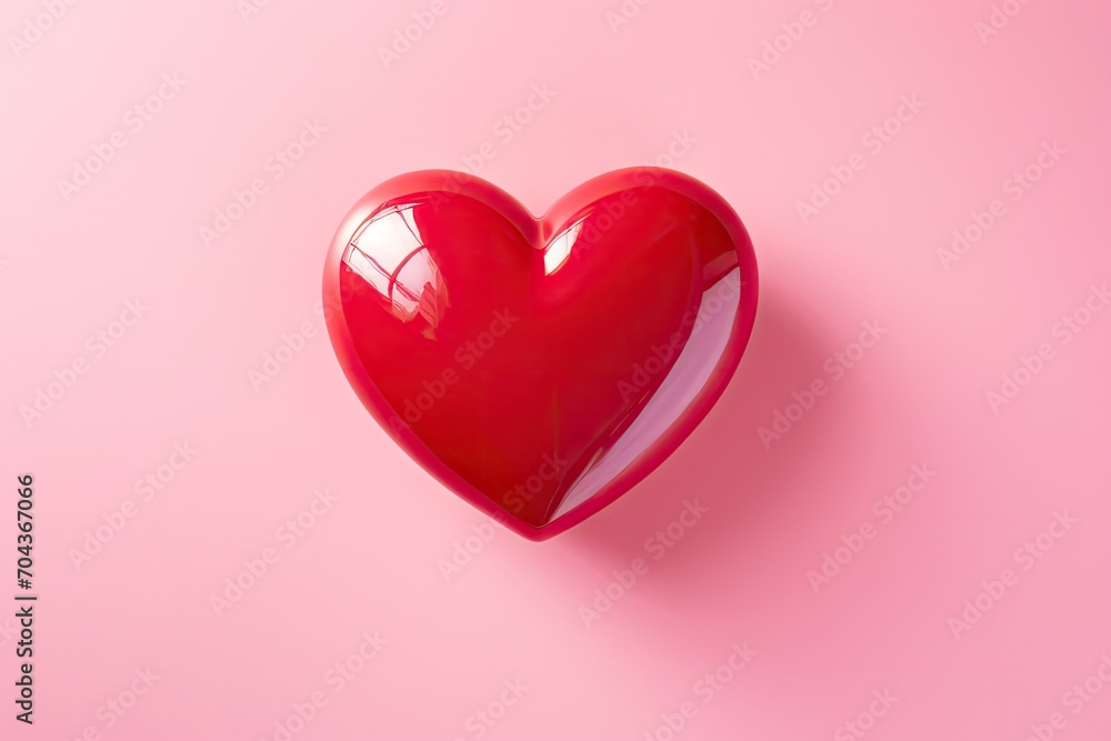 Glossy Red Heart on Monochromatic Pink Backdrop. Love and Valentine's Day Concept.