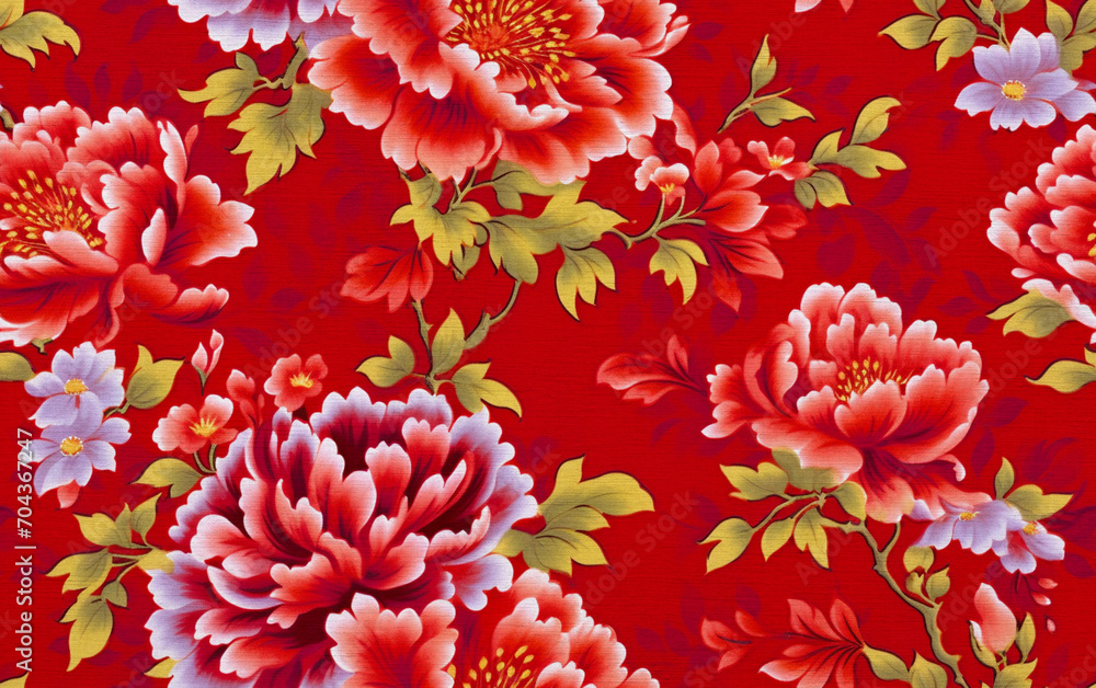 Floral fabric. Red Chinese flower pattern. Floral fabric. Red Chinese flower pattern.