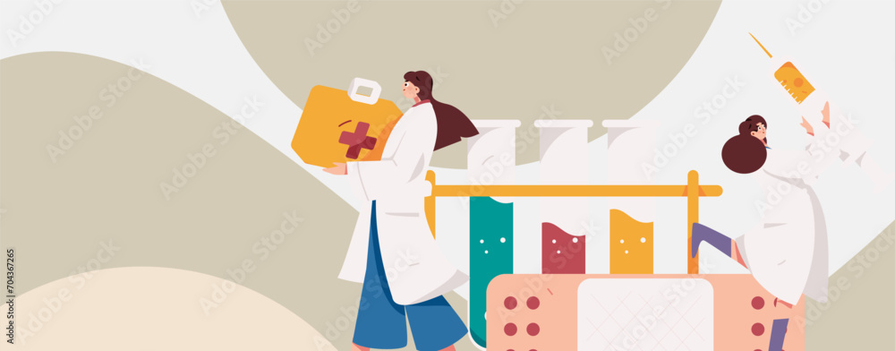 Naklejka premium Medical characters fighting the epidemic flat vector concept operation hand drawn illustration