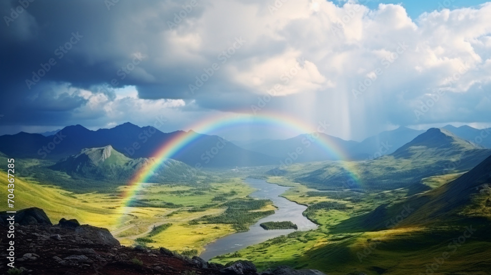 Rainbow in the mountain valley of landscape Rainbow in the mountain valley of landscape