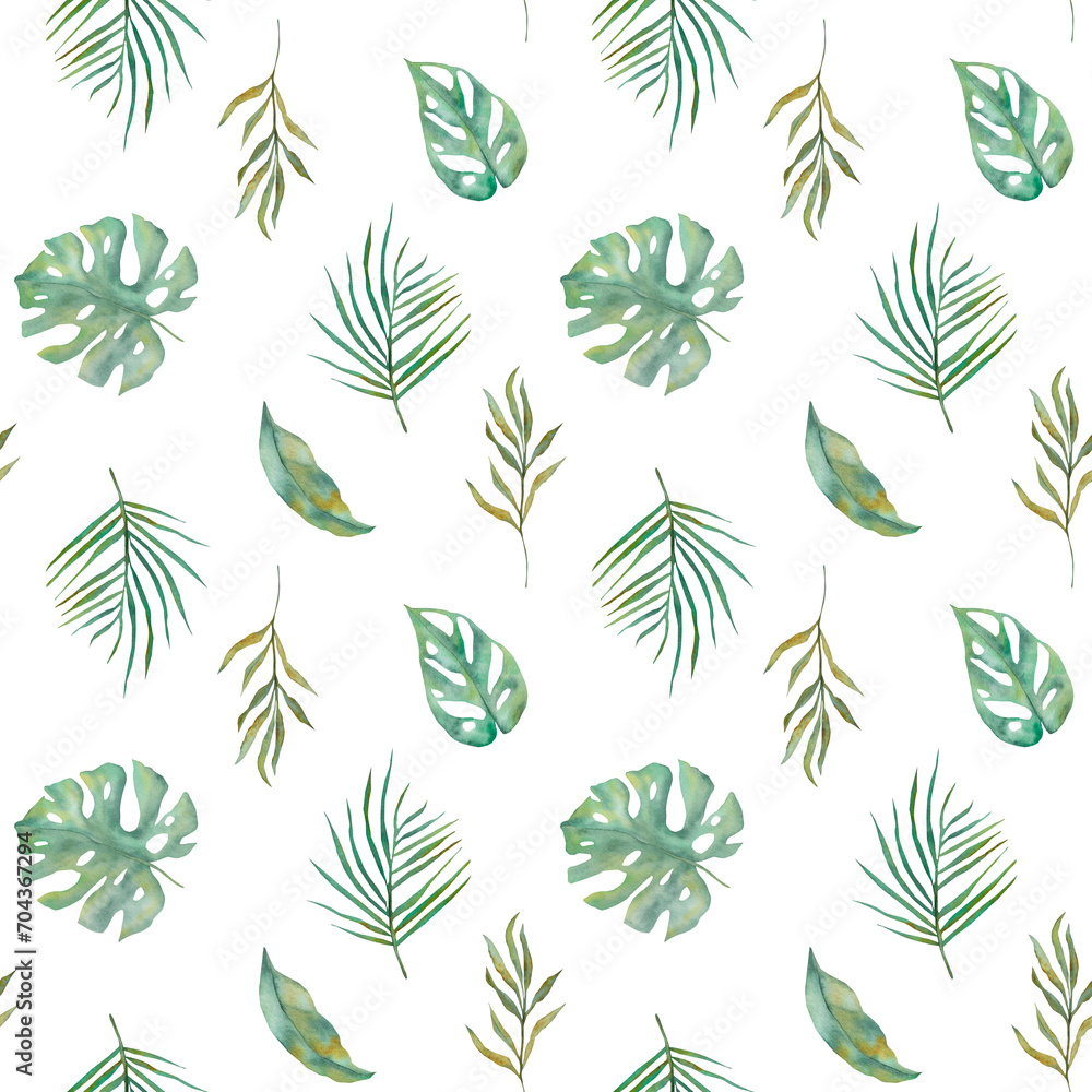 seamless pattern with monsters leaves. Watercolor pattern with leaves. A hand-drawn watercolor pattern with monsters leaves. watercolor floral illustration on a white background
