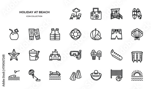 Holiday at beach Icons Pack. Line icons set. Flat icon collection set. Simple vector icons. 