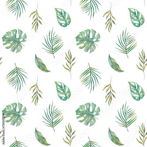 seamless pattern with monsters leaves. Watercolor pattern with leaves. A hand-drawn watercolor pattern with monsters leaves. watercolor floral illustration on a white background