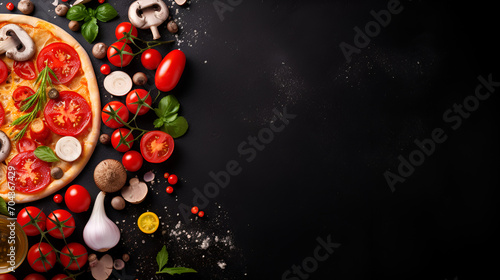 Raw ingredients for cooking. Mushrooms, vegetables, herbs, spices, olive oil on table. Food ready for cook. Preparing dinner. Top view background. Space for text., generative ai photo
