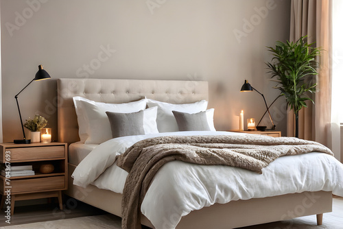 Modern house interior details. Simple cozy coloful beige bedroom interior with bed headboard