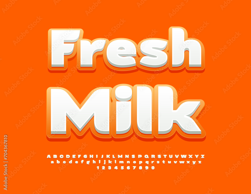 Vector creative badge Fresh Milk. Trendy artistic Font. Stylish White Alphabet Letters and Numbers set. Vector creative badge Fresh Milk. Trendy artistic Font. Stylish White Alphabet Letters and Numbers set.