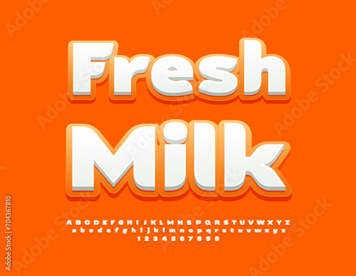Vector creative badge Fresh Milk. Trendy artistic Font. Stylish White Alphabet Letters and Numbers set.