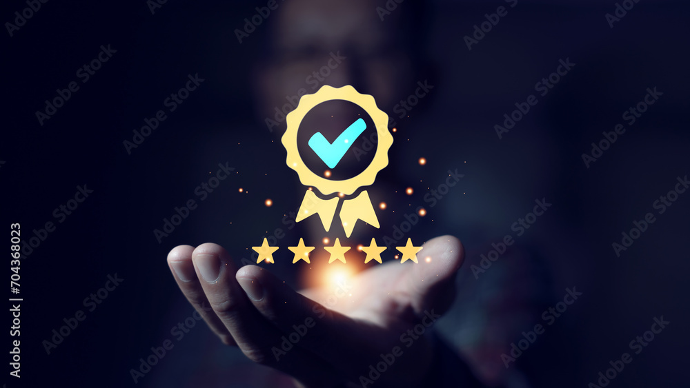 quality assurance concept Businessman showing high quality insurance sign good service premium five star excellent service high quality business excellence - obrazy, fototapety, plakaty 
