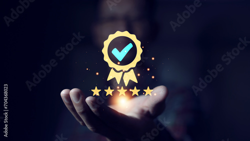 quality assurance concept Businessman showing high quality insurance sign good service premium five star excellent service high quality business excellence photo