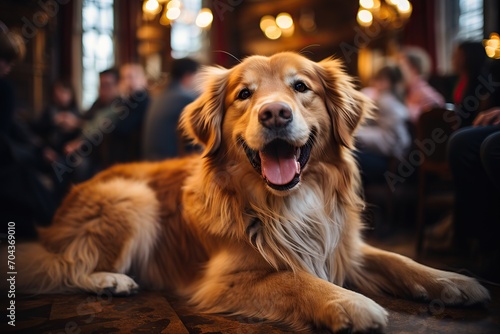 Golden Retriever lounging happily  basking in the warmth of a lively pub