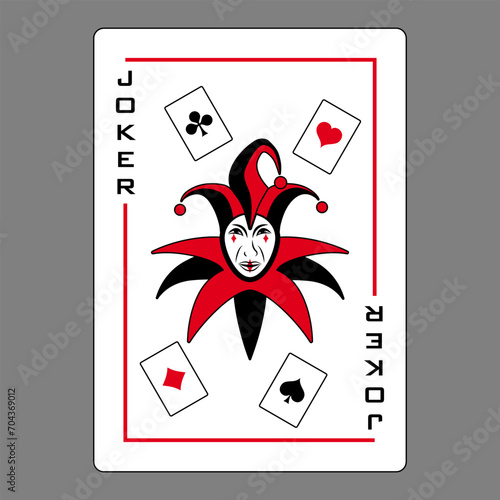 Carte à jouer du joker, symbolisé par une tête de bouffon entourée des 4 cartes d’as : cœur, trèfle, carreau et pique - taille standard du poker.