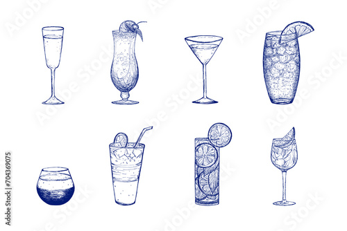 Sketch cocktail set. Hand drawn vector drawn glasses with drink. Mojito, lemonade, martini, champagne, fruit tea, Blue Lagoon, Pina colada, Collins.