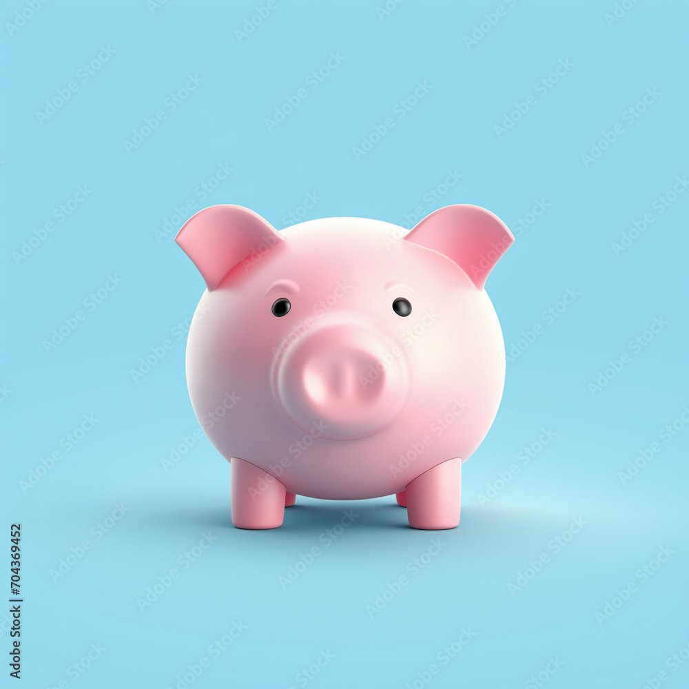 front view pink piggy bank on a pastel blue background front view pink piggy bank on a pastel blue background