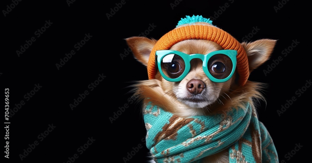 Stylish Pooch in Teal Scarf and Orange Beanie: Fashion-Forward Canine Coolness. Generative AI