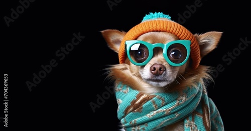 Stylish Pooch in Teal Scarf and Orange Beanie  Fashion-Forward Canine Coolness. Generative AI
