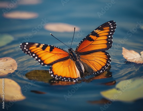 Swallowtail butterfly on flower and water.
