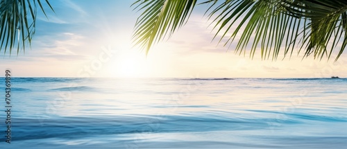 Serene beach scene, transparent turquoise water, palm leaves in soft focus, golden hour lighting