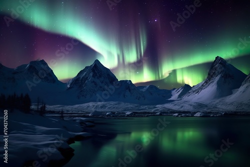 Night sky glows with aurora snowy mountains rays made with AI