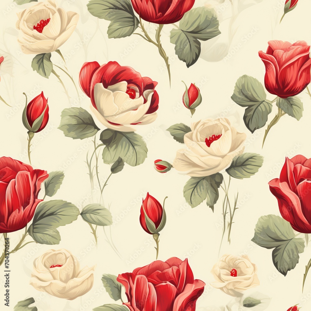 Obraz premium Vintage Red and Cream Rose Botanical Pattern