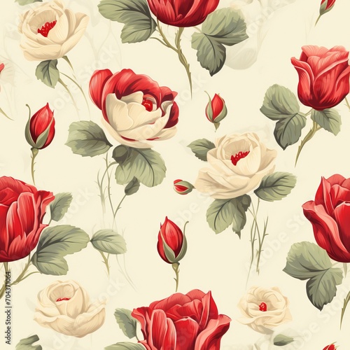 Vintage Red and Cream Rose Botanical Pattern
