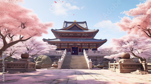 Within cherry blossoms' embrace, a serene temple harmonizes nature's allure and spiritual tranquility with seamless grace