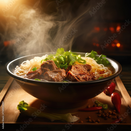 A bowl of Thai noodle soup with vegetables. Far east cuisine