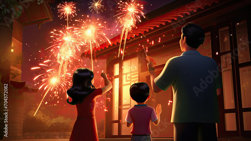 Family lights firecrackers, dispelling darkness, embracing luck. Chinese New Year's tradition banishes evil, heralds prosperity in vibrant celebration