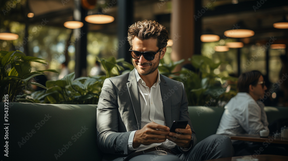 A young businessman is taking a break from work in a cafe in an office building A young businessman is taking a break from work in a cafe in an office building