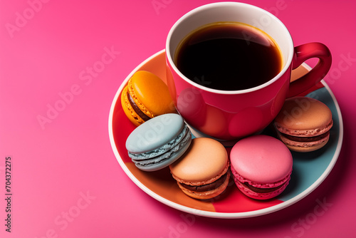 Creative layout of macaroons and coffee on a colorful background