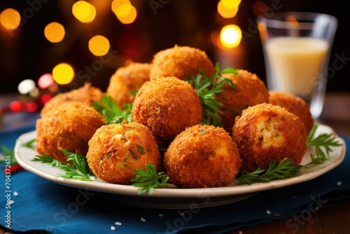 arancini italian appetizers at festive easter or christmas dinner. Party finger food Mediterranean diet with fresh basil and candlelight photo