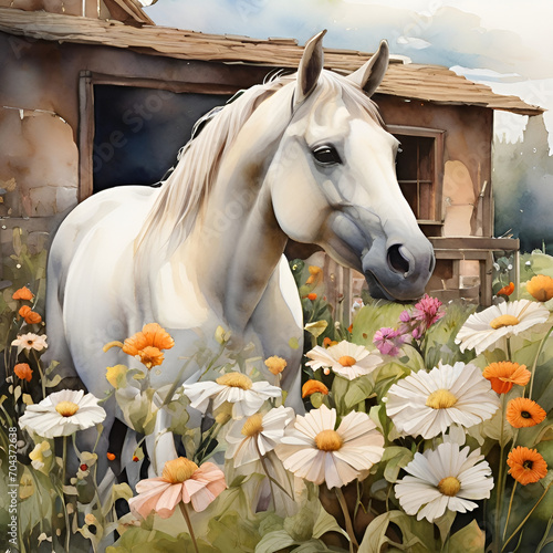 Watercolor white horse, generative ai