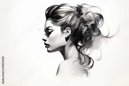beautiful young woman,  female profile silhouette with bun hairstyle black ink sketch drawing	