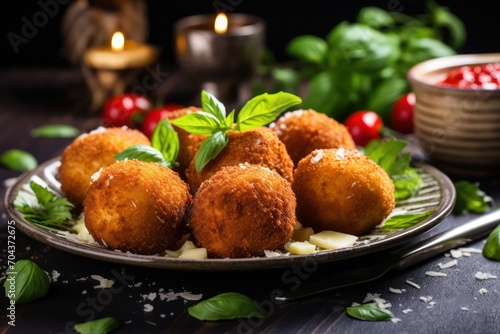 arancini italian appetizers at festive easter or christmas dinner. Party finger food Mediterranean diet with fresh basil and candlelight