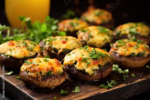homemade cheese stuffed mushrooms appetizers served as party snack closeup