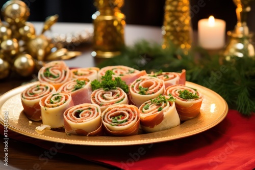 Ham and cheese pinwheels festive easter or christmas appetizer. Homemade party finger food. Healthy snack.