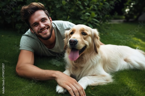 handsome young 30 year old guy with his golden retriever dog lying on grass in the park looking happy and smiling