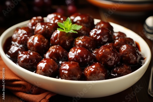 Slow cooker grape jelly meatballs christmas appetizer on a plate at festive american family dinner photo