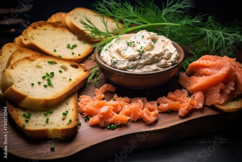 smoked salmon dip appetizer party snack served with hot bread and fresh dill greenery