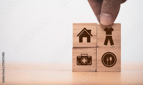 Billede på lærred Four basic material for human being include House food cloth and medicine print screen on wooden block cube