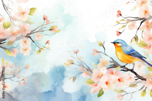 Watercolor cherry blossom background with blue bird. Hand drawn illustration © Alice