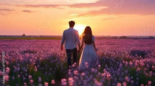 romantic flower field with blooming flowers and romantic couple at background. silhouette picture.