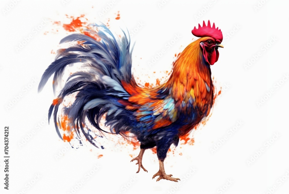 a rooster with a fiery tail isolated on a white background. generative ai