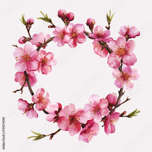 Watercolor floral wreath with pink sakura flowers on white background