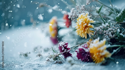 Amidst the winter landscape, beautiful flowers bring forth a colorful, romantic, and serene sensation.
 photo