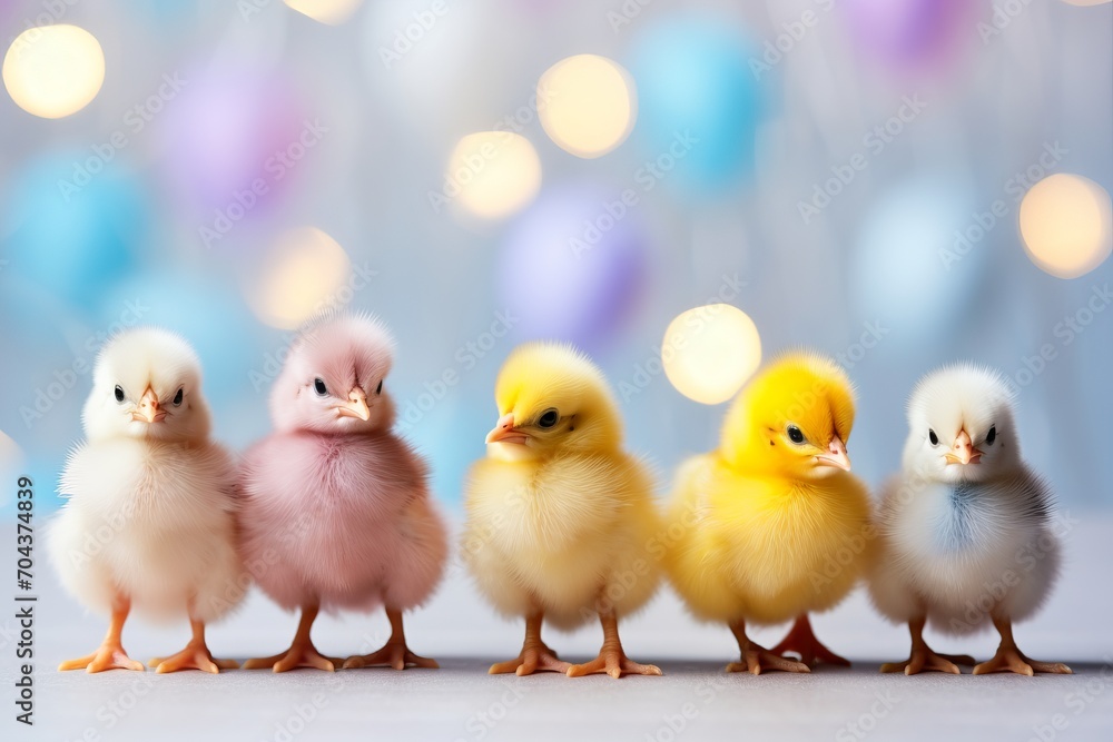 Cute little colored chickens on a bokeh background. Easter concept. a place for the text.

