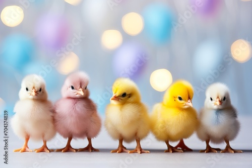 Cute little colored chickens on a bokeh background. Easter concept. a place for the text.  © IULIIA