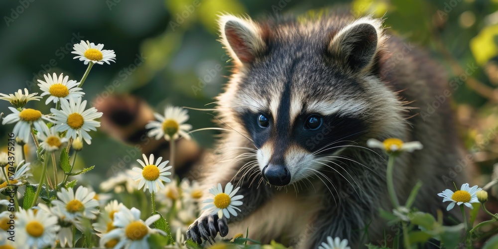 Obraz premium Raccoon spring time. in chamomile flowers